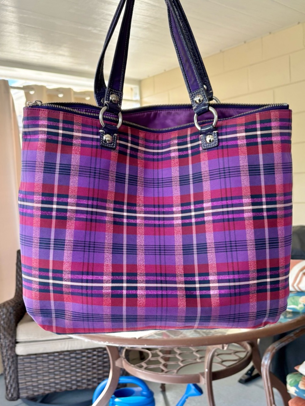 Coach Poppy Tartan Plaid Glam Tote + Wristlet (Purple/Pink) 15886 - Picture 6 of 17
